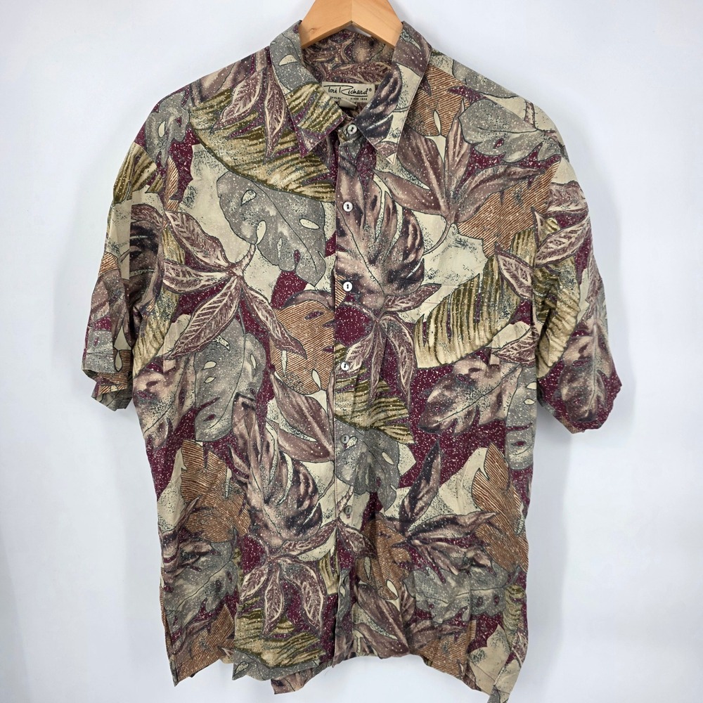 Tori Richard Cotton Lawn Tropical Leaf Shirt Mens XL Burgundy Tan Short Sleeve - Picture 2 of 6